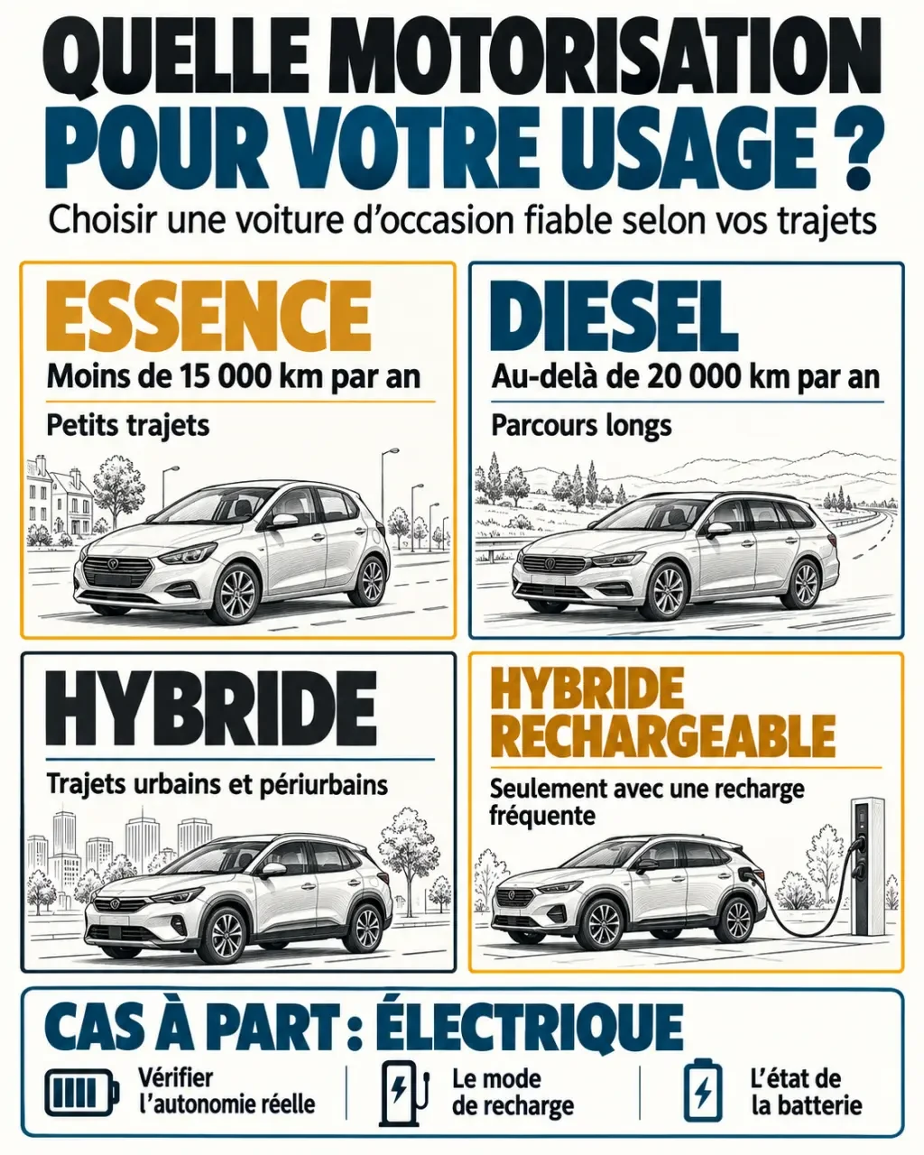 Infographie pour choisir une voiture d’occasion fiable selon le kilométrage et la motorisation