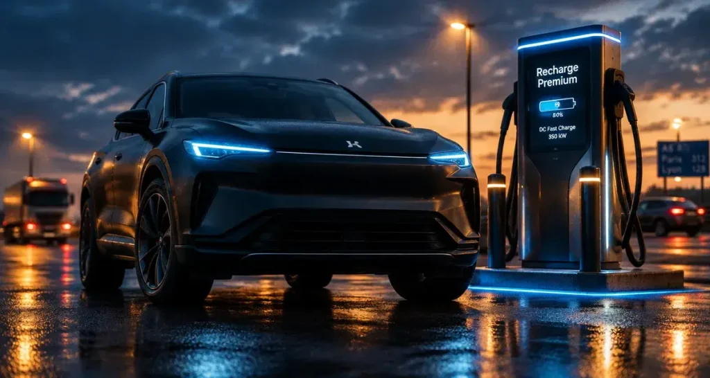Voiture electrique haut de gamme : SUV premium recharge DC au crépuscule