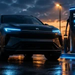 Voiture electrique haut de gamme : SUV premium recharge DC au crépuscule