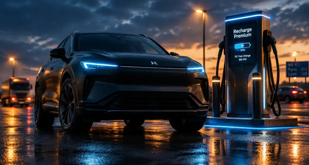 Voiture electrique haut de gamme : SUV premium recharge DC au crépuscule